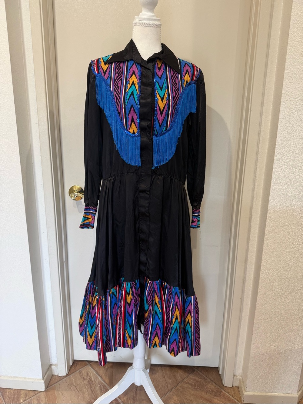 Rare Vintage Black Western Midi Dress Vibrant Geometric Pattern Fringe